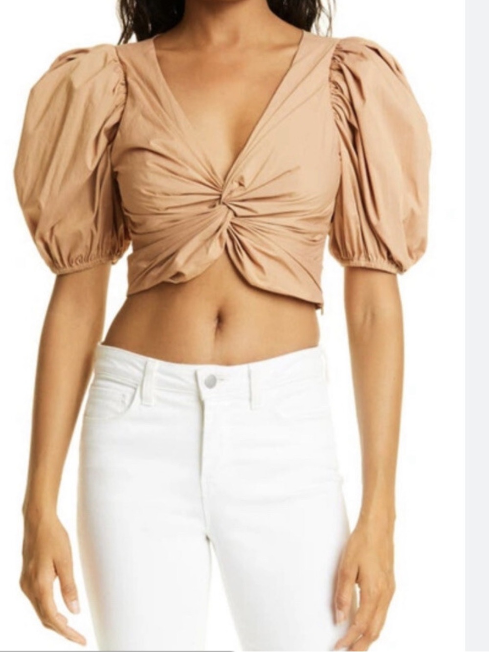 Cinq à Sept Vada Puff-Sleeve Poplin Crop Top Sahara Brown Size Small